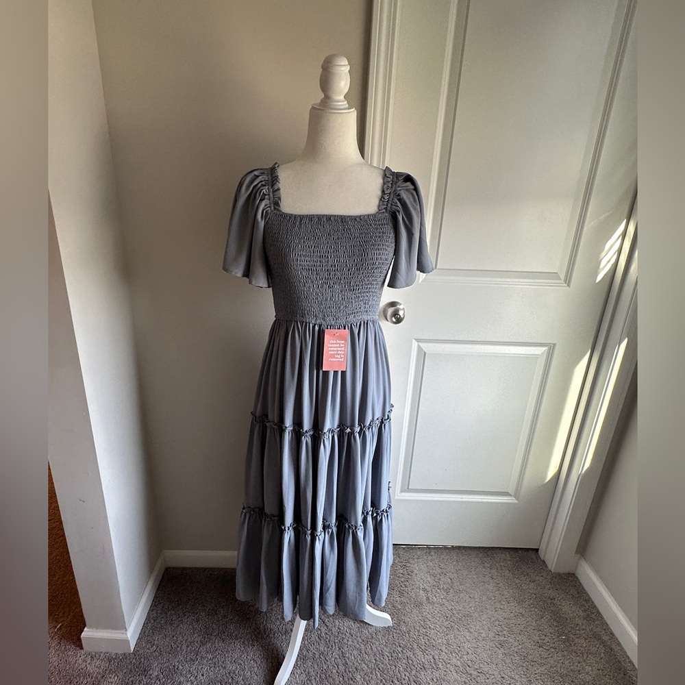 Ivy City Co Luna Dress in misty blue color with matching baby romper option